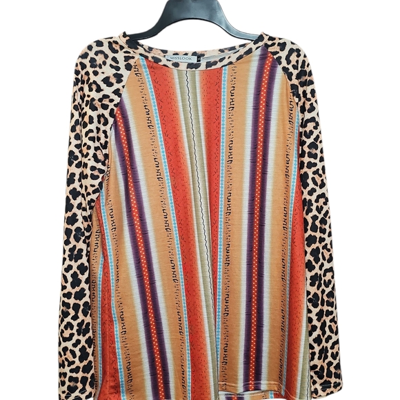 MISSLOOK Womens Long Sleeve Top with Leopard and Stripes - Picture 2 of 5